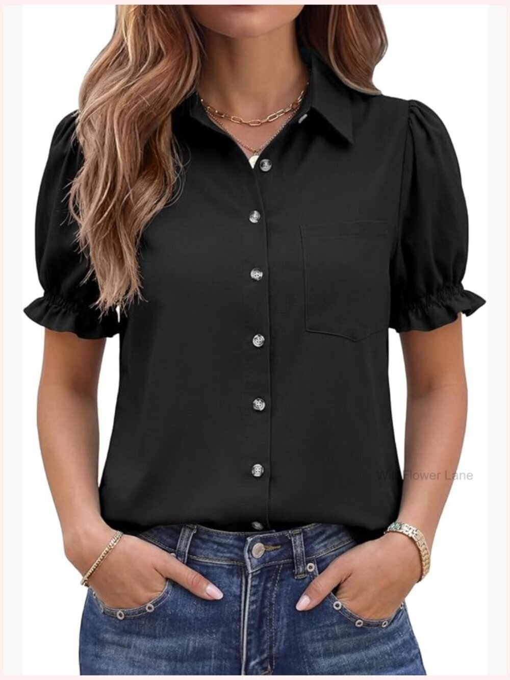 Puff Sleeve Button Down Blouse Summer Cotton Linen Work Top Dressy Casual
